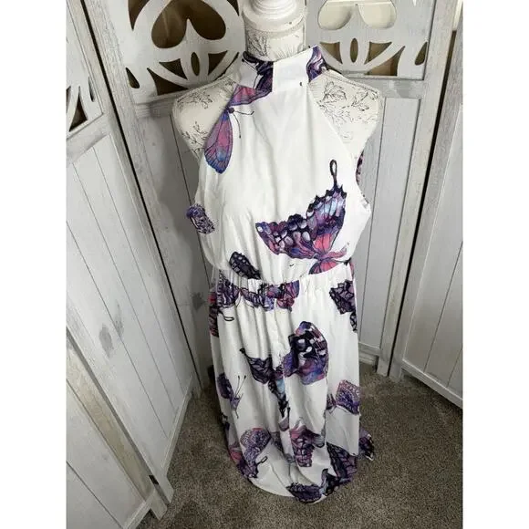 New! New York & Company Multi Color Butterfly Dress White Purple Size XL - Picture 1 of 8